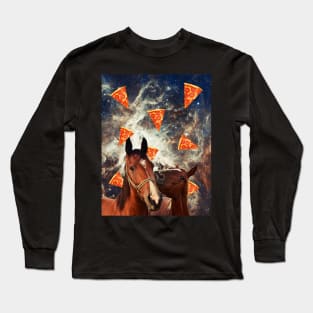 Horses in flying pizza space Long Sleeve T-Shirt